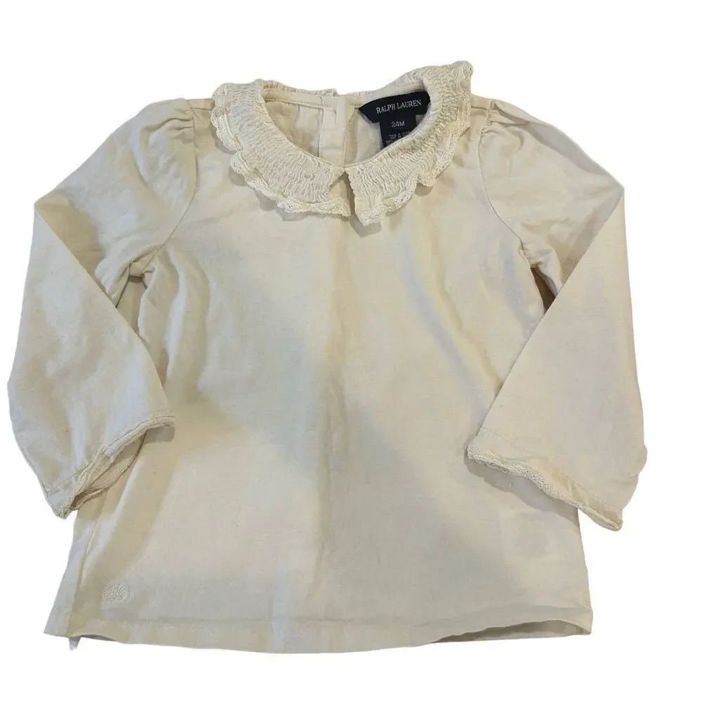 Ralph Lauren Cream Top sz 24m Peter pan collar top Long Sleeve Shirt